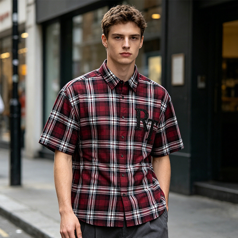 Red Plaid Rhinestone Hotfix Short Sleeve Shirt