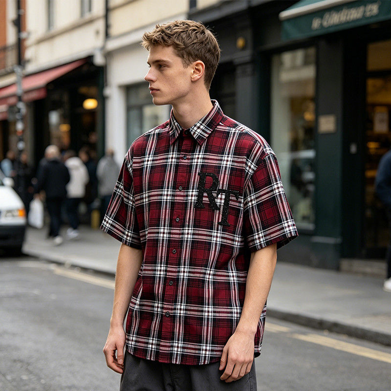 Red Plaid Rhinestone Hotfix Short Sleeve Shirt