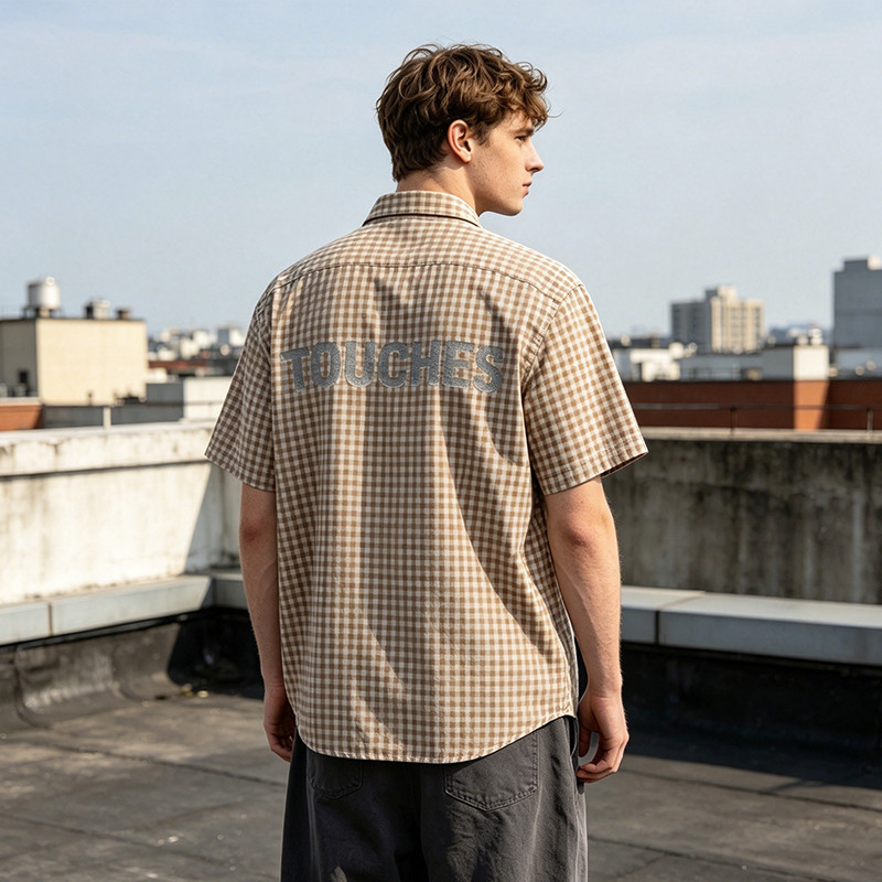 Silver Foil Print Short Plaid Sleeve Shirt