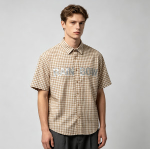 Silver Foil Print Short Plaid Sleeve Shirt | Cotton Blend Fabric Loose Fit | OEM Streetwear