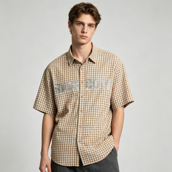 Silver Foil Print Short Plaid Sleeve Shirt | Cotton Blend Fabric Loose Fit | OEM Streetwear