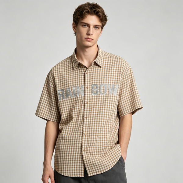 Silver Foil Print Short Plaid Sleeve Shirt | Cotton Blend Fabric Loose Fit | OEM Streetwear