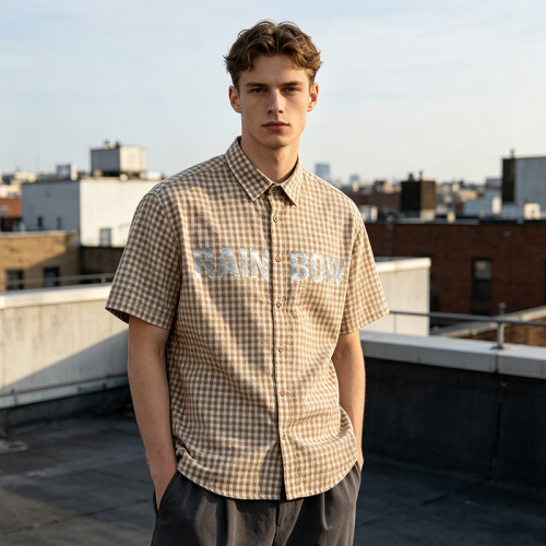 Silver Foil Print Short Plaid Sleeve Shirt | Cotton Blend Fabric Loose Fit | OEM Streetwear