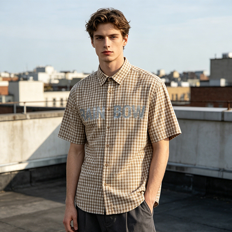 Silver Foil Print Short Plaid Sleeve Shirt