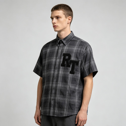 Short Sleeve Plaid Shirt With RT Applique | Boxy Loose Fit | Daily Casual Street Outfit | Custom Streetwear