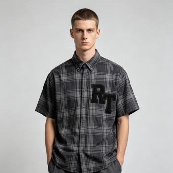 Short Sleeve Plaid Shirt With RT Applique | Boxy Loose Fit | Daily Casual Street Outfit | Custom Streetwear