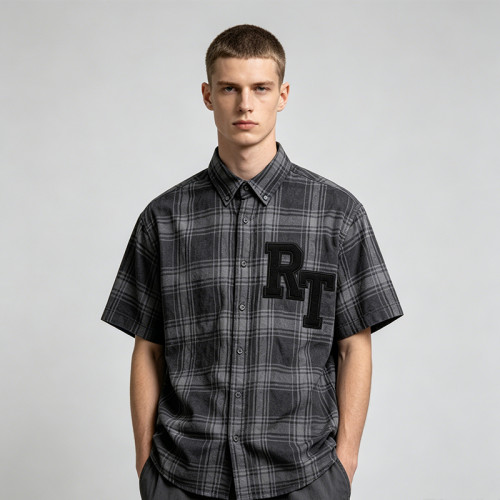 Short Sleeve Plaid Shirt With RT Applique | Boxy Loose Fit | Daily Casual Street Outfit | Custom Streetwear