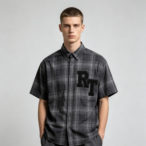 Short Sleeve Plaid Shirt With RT Applique | Boxy Loose Fit | Daily Casual Street Outfit | Custom Streetwear
