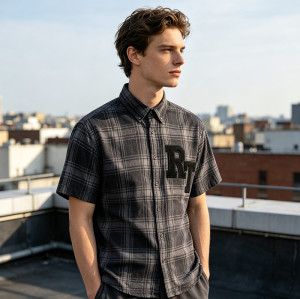 Short Sleeve Plaid Shirt With RT Applique | Boxy Loose Fit | Daily Casual Street Outfit | Custom Streetwear