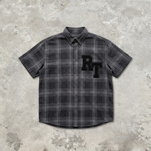 Short Sleeve Plaid Shirt With RT Applique | Boxy Loose Fit | Daily Casual Street Outfit | Custom Streetwear