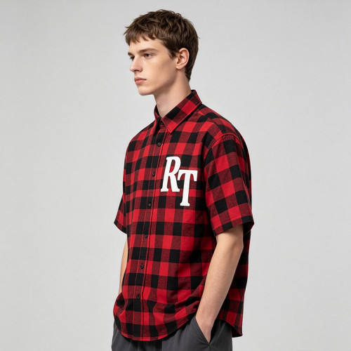 Plaid Puff Print Short Sleeve Shirt | Cotton Blend Oversize Fit | Daily Street Casual Wear | OEM Streetwear