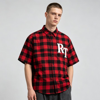 Plaid Puff Print Short Sleeve Shirt | Cotton Blend Oversize Fit | Daily Street Casual Wear | OEM Streetwear