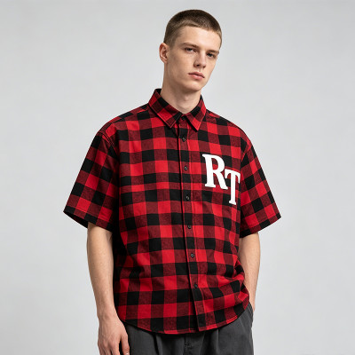 Plaid Puff Print Short Sleeve Shirt | Cotton Blend Oversize Fit | Daily Street Casual Wear | OEM Streetwear