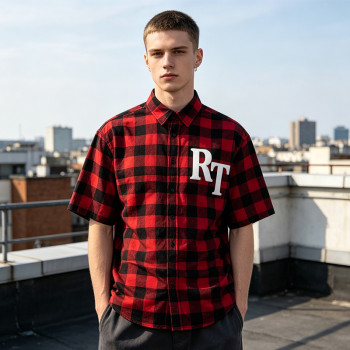 Plaid Puff Print Short Sleeve Shirt | Cotton Blend Oversize Fit | Daily Street Casual Wear | OEM Streetwear