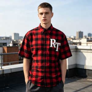 Plaid Puff Print Short Sleeve Shirt | Cotton Blend Oversize Fit | Daily Street Casual Wear | OEM Streetwear
