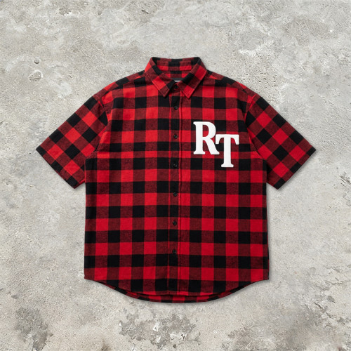 Plaid Puff Print Short Sleeve Shirt | Cotton Blend Oversize Fit | Daily Street Casual Wear | OEM Streetwear
