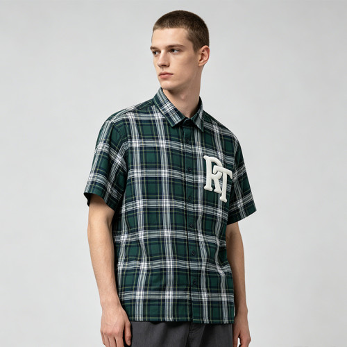Plaid Applique Short Sleeve Shirt | Cotton Blend Woven Fabric | Daily Street Casual Wear | Custom Streetwear