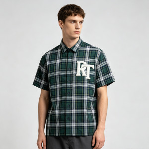 Plaid Applique Short Sleeve Shirt | Cotton Blend Woven Fabric | Daily Street Casual Wear | Custom Streetwear