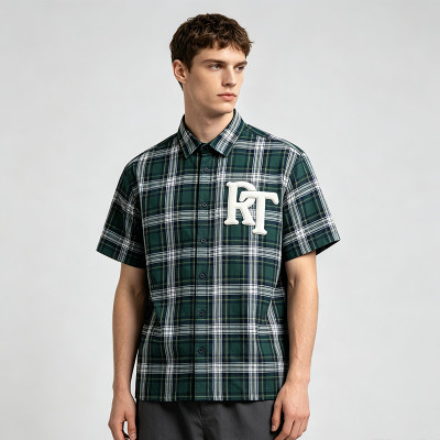 Plaid Applique Short Sleeve Shirt | Cotton Blend Woven Fabric | Daily Street Casual Wear | Custom Streetwear