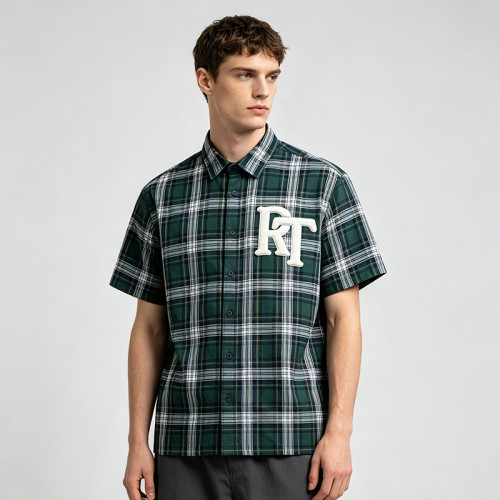 Plaid Applique Short Sleeve Shirt | Cotton Blend Woven Fabric | Daily Street Casual Wear | Custom Streetwear