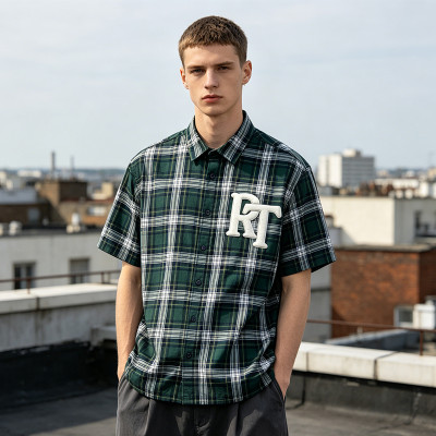 Plaid Applique Short Sleeve Shirt | Cotton Blend Woven Fabric | Daily Street Casual Wear | Custom Streetwear