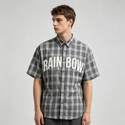 Plaid Puff Print Short Sleeve Shirt | Cotton Blend Oversize Button Down | Daily Street Casual Wear | OEM Streetwear