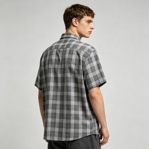 Plaid Puff Print Short Sleeve Shirt | Cotton Blend Oversize Button Down | Daily Street Casual Wear | OEM Streetwear