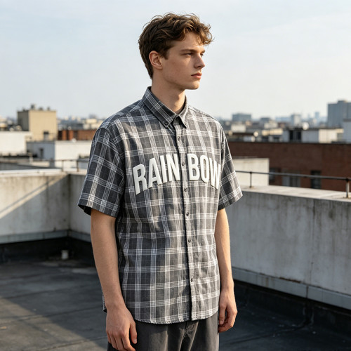 Plaid Puff Print Short Sleeve Shirt | Cotton Blend Oversize Button Down | Daily Street Casual Wear | OEM Streetwear