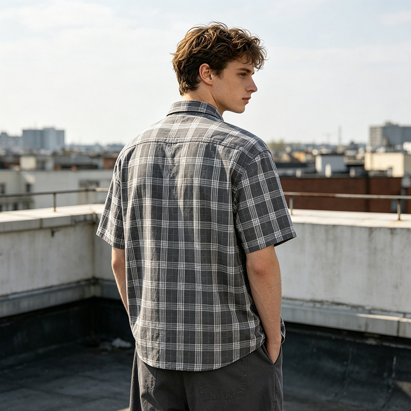 Plaid Puff Print Short Sleeve Shirt