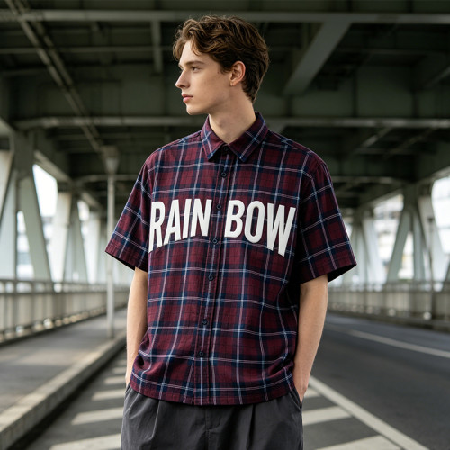 Short Sleeve Plaid Shirt With Silicone Print | Boxy Fit | Cotton Blend Plaid Fabric | OEM Streetwear