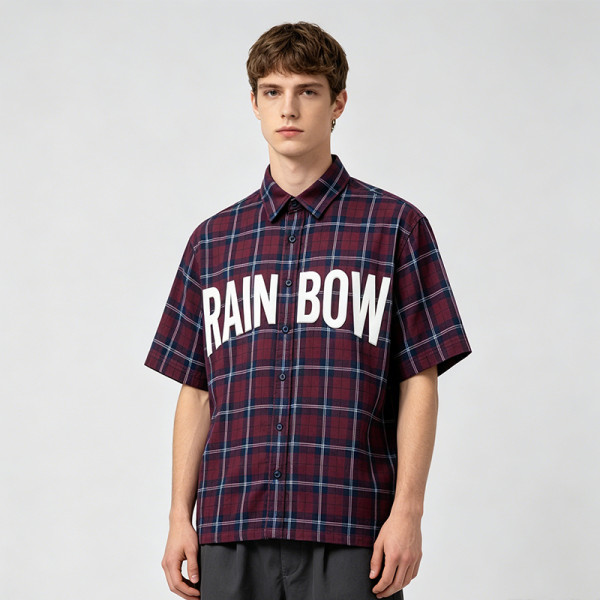 Short Sleeve Plaid Shirt With Silicone Print | Boxy Fit | Cotton Blend Plaid Fabric | OEM Streetwear