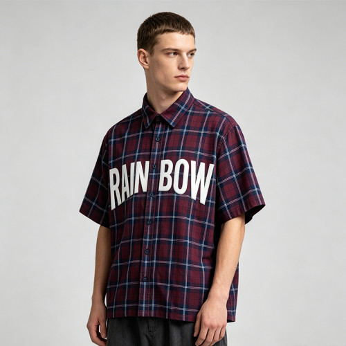 Short Sleeve Plaid Shirt With Silicone Print | Boxy Fit | Cotton Blend Plaid Fabric | OEM Streetwear