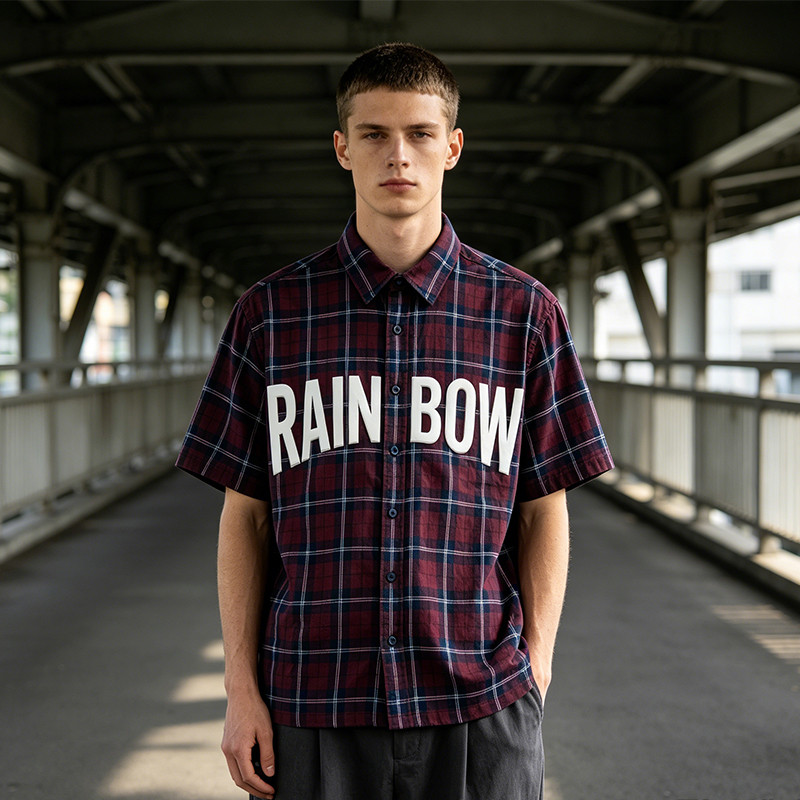 Short Sleeve Plaid Shirt With Silicone Print
