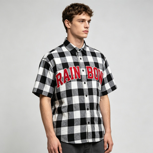 Applique Embroidery Buffalo Plaid Short Sleeve Shirt | Boxy Oversized Fit | Streetwear Manufacturer