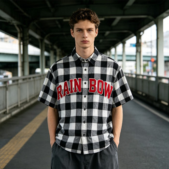 Applique Embroidery Buffalo Plaid Short Sleeve Shirt | Boxy Oversized Fit | Streetwear Manufacturer