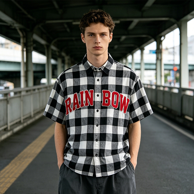 Applique Embroidery Buffalo Plaid Short Sleeve Shirt