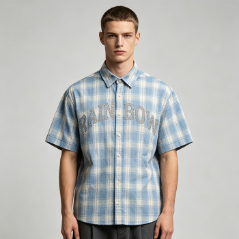 Rhinestone Plaid Short Sleeve Shirt | Loose Boxy Fit | Street Daily Casual Wear | Streetwear Manufacturer