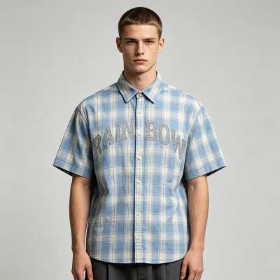 Rhinestone Plaid Short Sleeve Shirt | Loose Boxy Fit | Street Daily Casual Wear | Streetwear Manufacturer