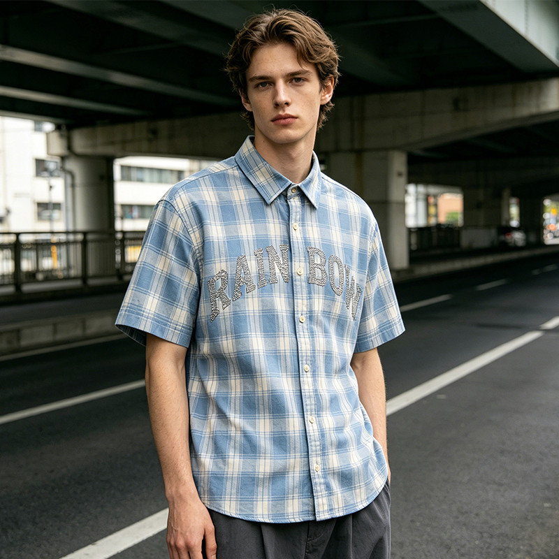 Rhinestone Plaid Short Sleeve Shirt