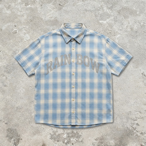 Rhinestone Plaid Short Sleeve Shirt | Loose Boxy Fit | Street Daily Casual Wear | Streetwear Manufacturer