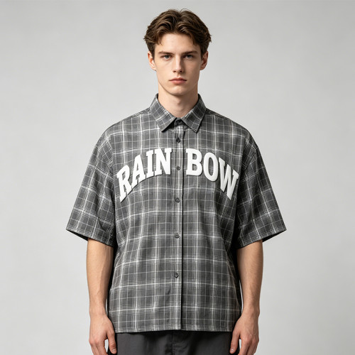 Silicone Print Plaid Short Sleeve Shirt | 3D Raised Silicone Logo | Cotton Plaid Woven Fabric | OEM Streetwear