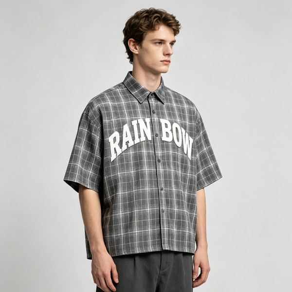 Silicone Print Plaid Short Sleeve Shirt | 3D Raised Silicone Logo | Cotton Plaid Woven Fabric | OEM Streetwear