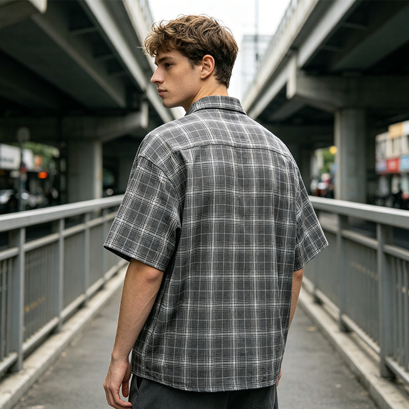 Silicone Print Plaid Short Sleeve Shirt