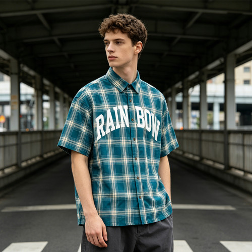 Puff Print Tartan Plaid Short Sleeve Shirt | Oversized Boxy Loose Fit | Street Casual Daily Outfit | Custom Streetwear