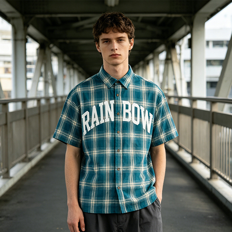 Puff Print Tartan Plaid Short Sleeve Shirt