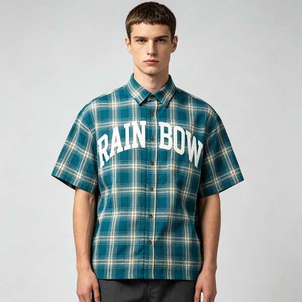 Puff Print Tartan Plaid Short Sleeve Shirt | Oversized Boxy Loose Fit | Street Casual Daily Outfit | Custom Streetwear