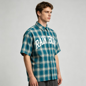 Puff Print Tartan Plaid Short Sleeve Shirt | Oversized Boxy Loose Fit | Street Casual Daily Outfit | Custom Streetwear