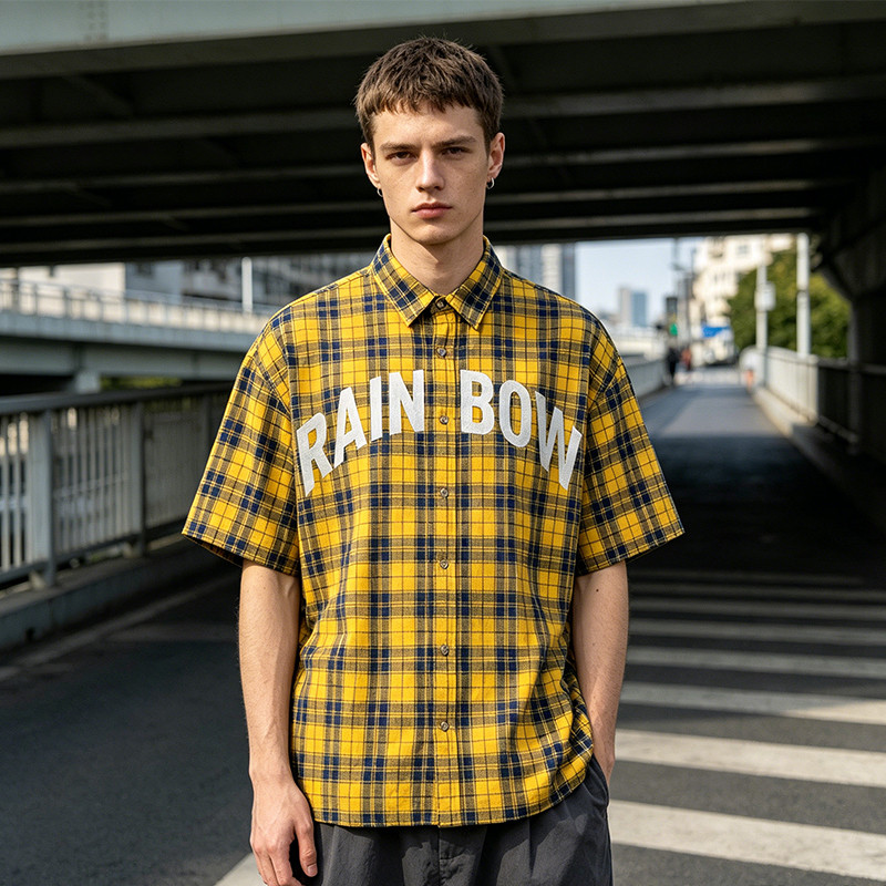 Yellow Plaid Silver Foil Print Short Sleeve Shirt