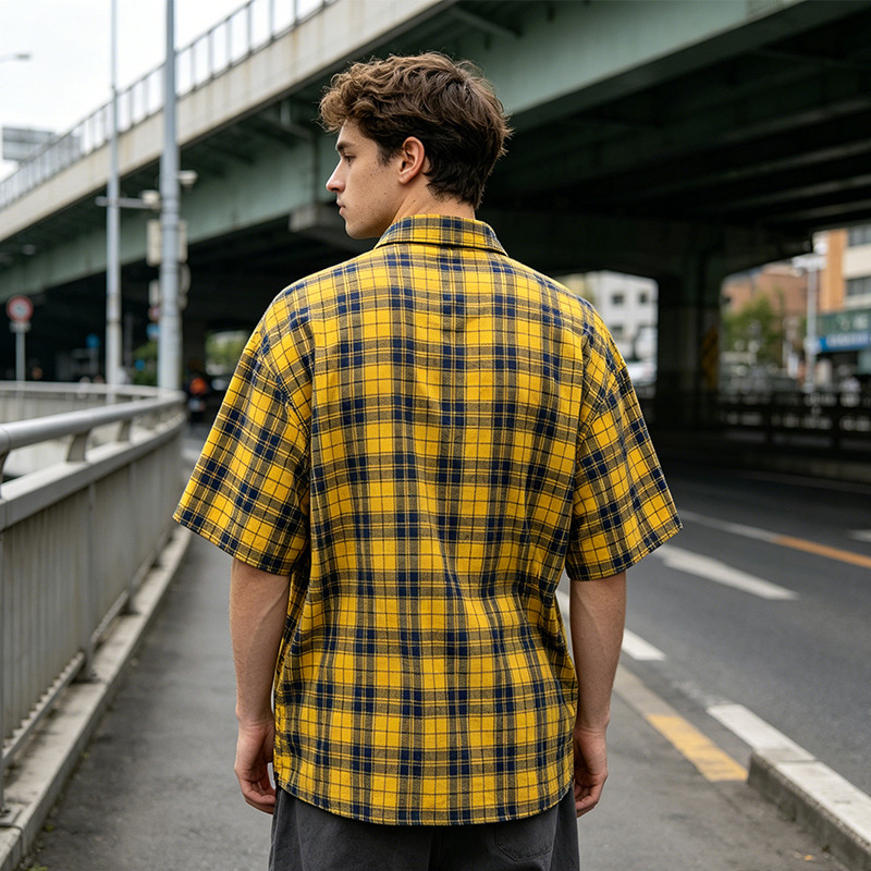 Yellow Plaid Silver Foil Print Short Sleeve Shirt