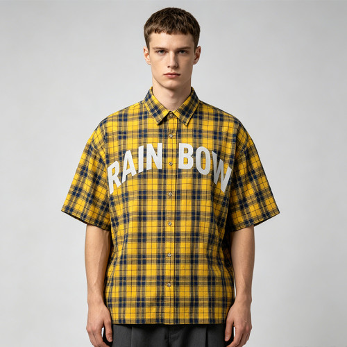 Yellow Plaid Silver Foil Print Short Sleeve Shirt | Oversized Fit | Daily Street Outfit | OEM Streetwear